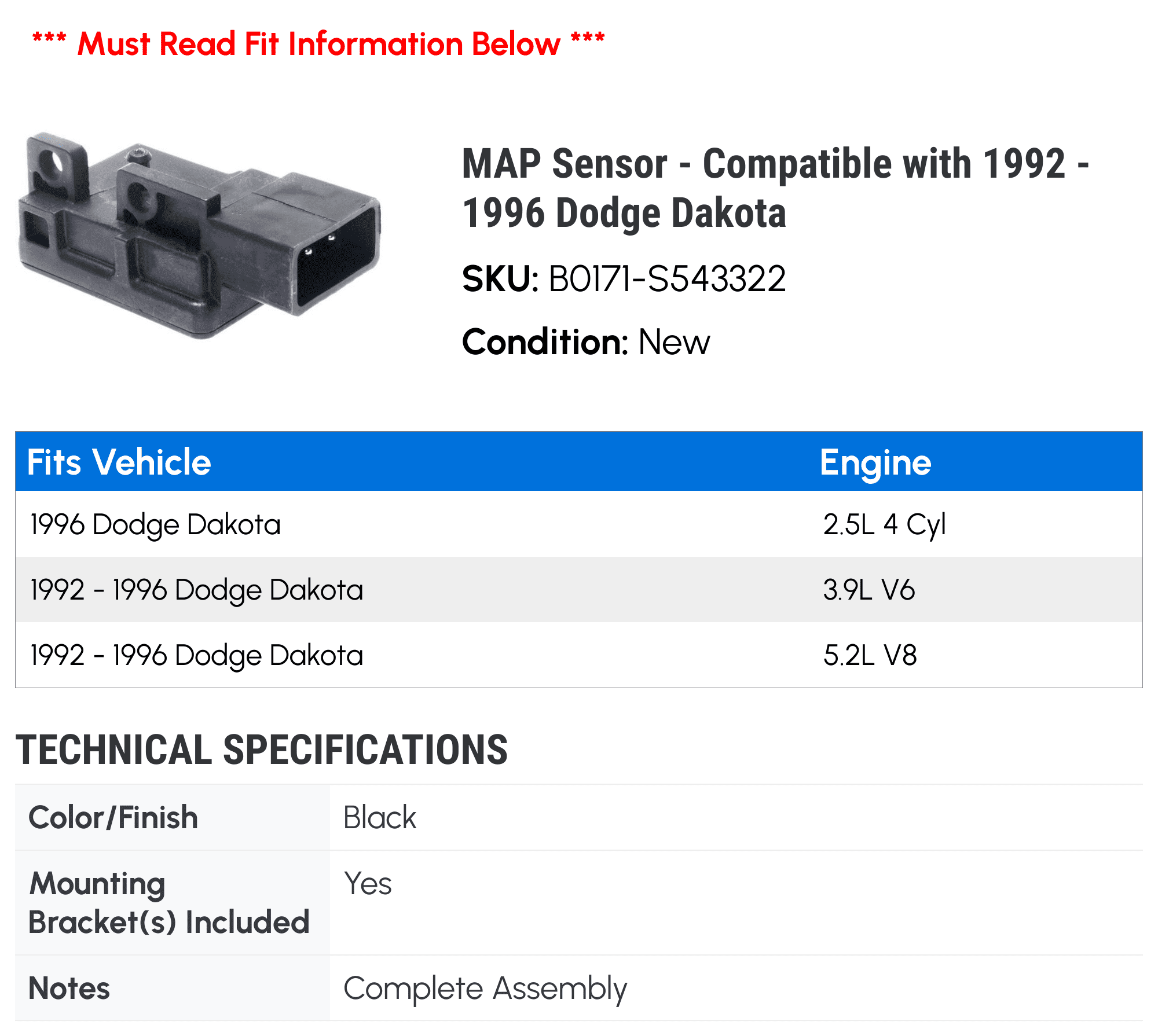 MAP Sensor - Compatible with 1992 - 1996 Dodge Dakota 1993 1994 1995