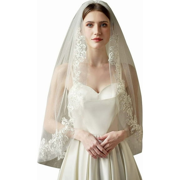 CoCoMangos Wely 1 T Fingertip Length Glitter Lace Pearl Wedding Bridal Veil With Metal Comb F44