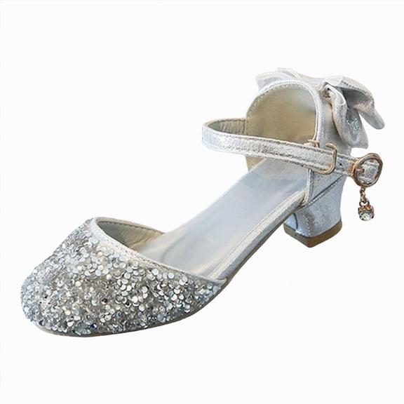 Linfrsh Mary Jane Heels Girls Mary Jane Glitter Wedding Party Dress Shoes Princess Flower Strap Shoes(Silver,Size1.10)