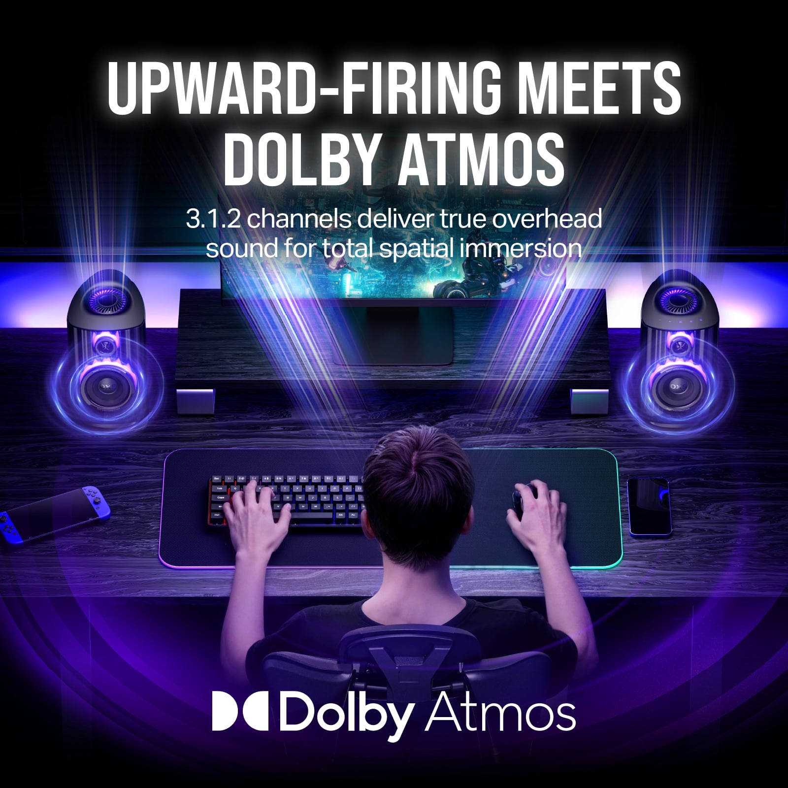 OXS Thunder Duo Gaming Speaker with Dolby Atmos, 3.1.2ch, Studio-Grade HI-FI Audio, Dynamic RGB, Multi EQ Modes, APP Customization, HDMI 2.1, USB-C, Bluetooth, for PCs and Gaming Consoles
