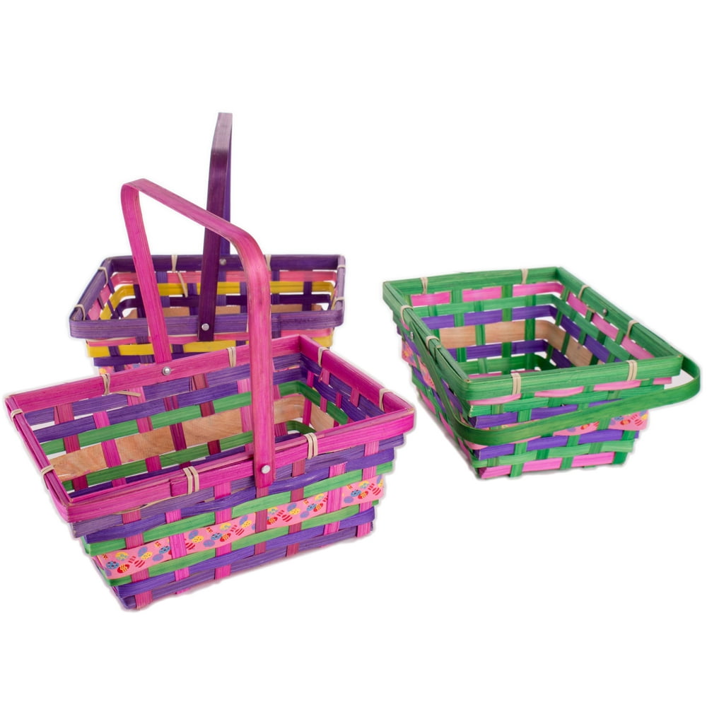 Rectangle Bamboo Easter Foldable Handle Egg Print 10" Gift Basket, 3