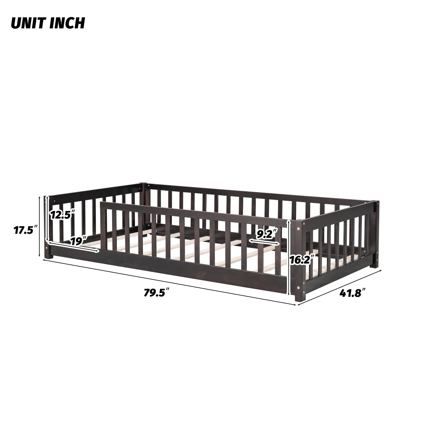 Twin Size Floor Bed for Toddlers and Kids, Solid Wood Montessori Floor Bed with Safety Fence Rail without Door, Durable Montessori Bed Frame with Sturdy Slats Support for Boys and Girls, Espresso