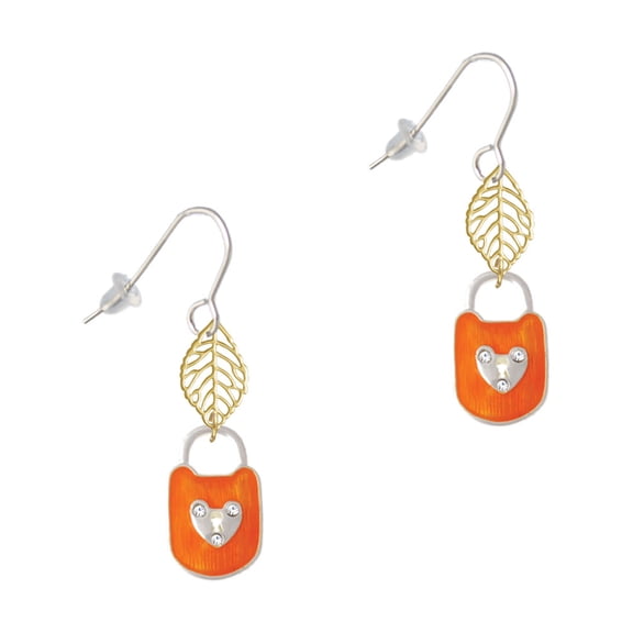 Delight Jewelry Hot Orange Enamel Lock with Clear Crystals Goldtone Leaf French Earrings