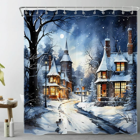 Winter Scene Shower Curtain for Bathroom Vintage Village Covered in Snow Nature Landscape Shower Curtain with Hooks Watercolor Rustic Bathroom Curtains Shower Set-72"W x 78"L (Pack of 1)