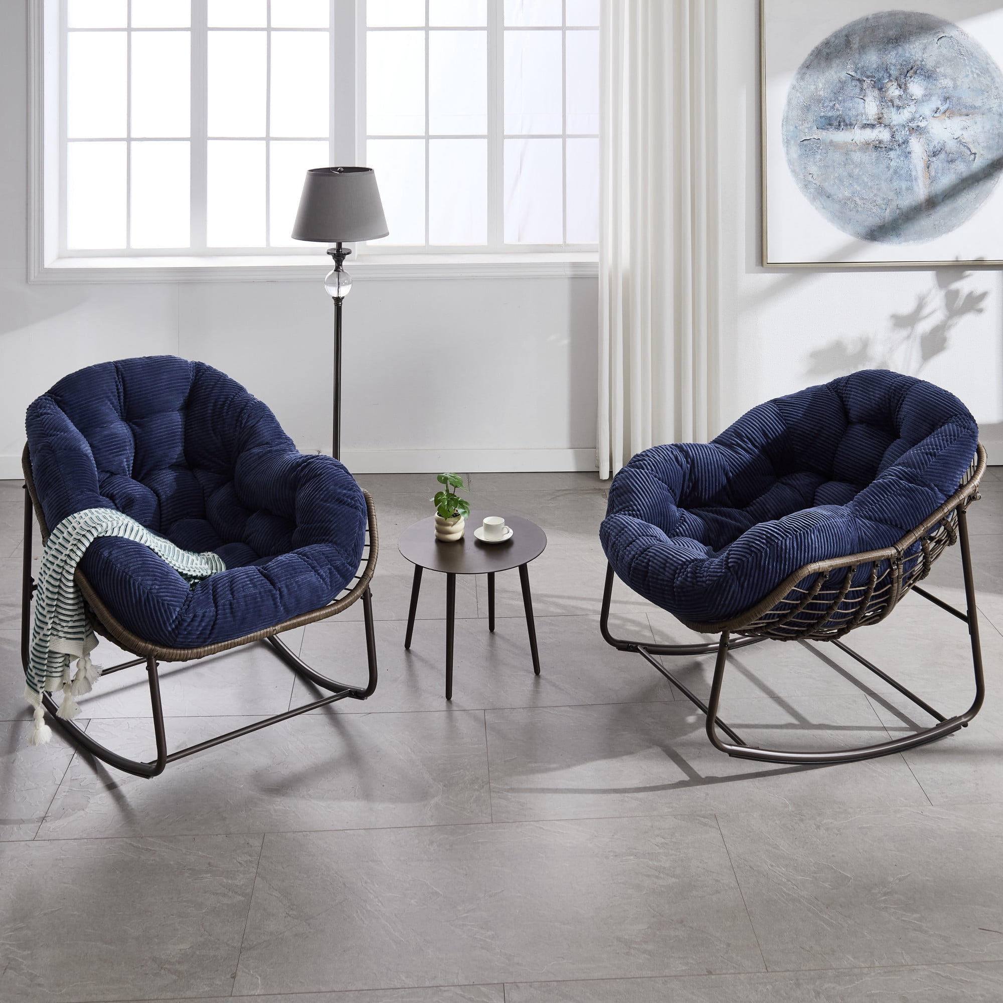 Howcool Patio Round Oversized Rocking Chair with Padded Cushion, Papasan Rattan Recliner Armless Chair