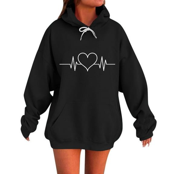 WRKEKC Sweatshirts for Women Winter Heart Print Casual Loose Hooded Sweatshirt with Pocket Drawstring Long Sleeve Fall Outerwear