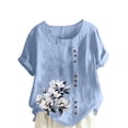 thumbnail image 2 of Lydiaunistar Women's Spring Tops Plus Size Casual Linen Round Neck Short Sleeve Printed Button Blouse Shirt Lightweight Comfy for Work Vacation Light Blue, 2 of 4