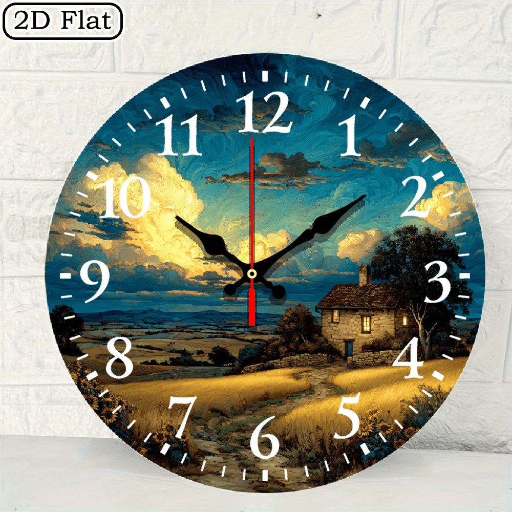 Circular Landscape Wall Clock, Impressionist Countryside Cottage Art Print, Decorative Silent Clock for Living Room or Bedroom, 10x10 Inch, 1pc, Battery Not Included