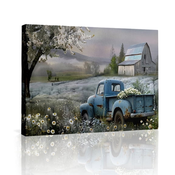 Topbout Art Modern Vintage Farmhouse Blue Truck Canvas Print Bedroom Foyer Lounge