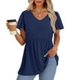 thumbnail image 3 of TQWQT Summer Tops for Women Short Sleeve Peplum V Neck Blouses Plus Size Trendy Shirts Puff Sleeve Solid Color Tunic Top Maternity Clothes Dark Blue 3XL, 3 of 5