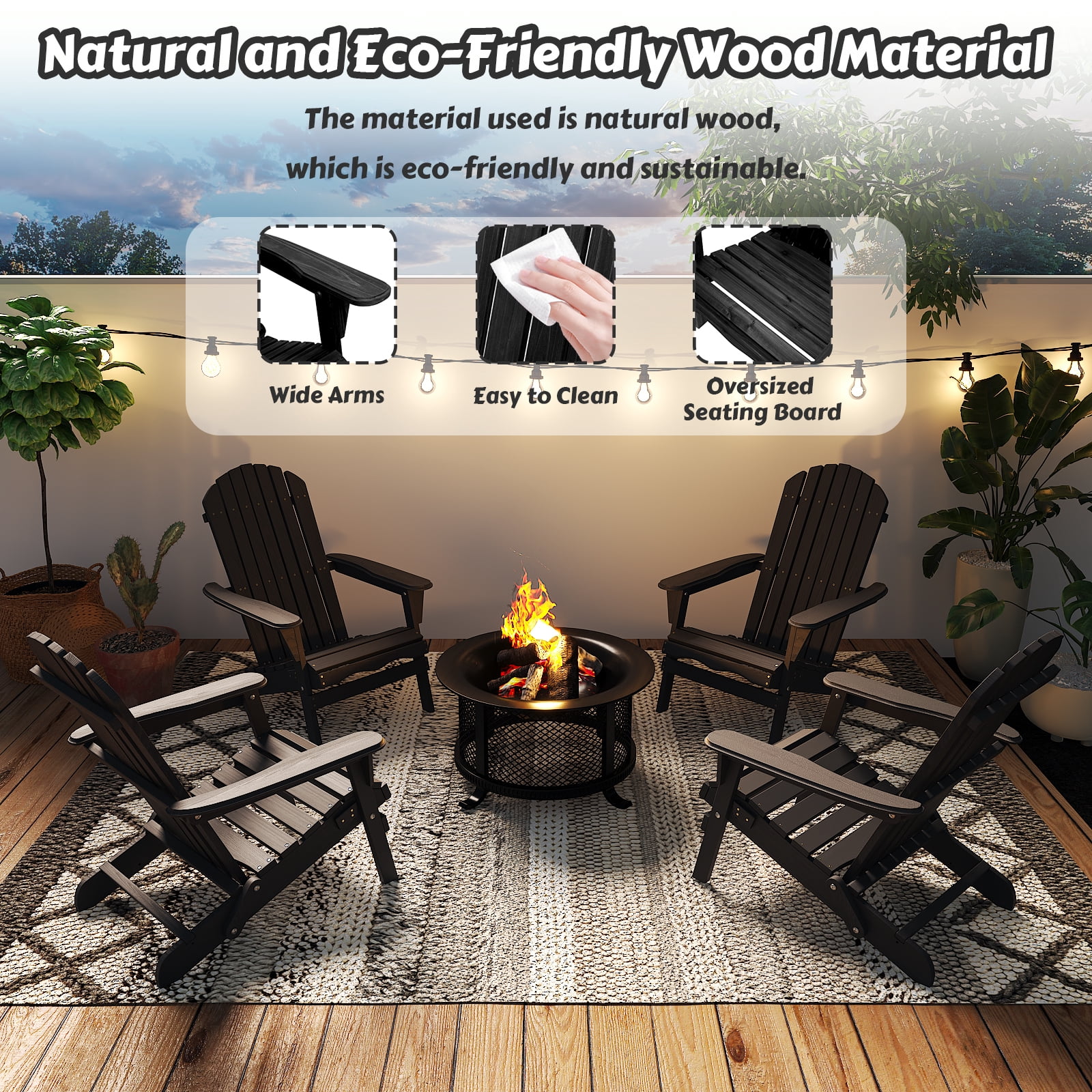 Ktaxon 1 Pack Patio Wood Adirondack Chair, Garden Chaise Chair Outdoor Folding Chair, Wooden Chair for Patio, Garden, Black