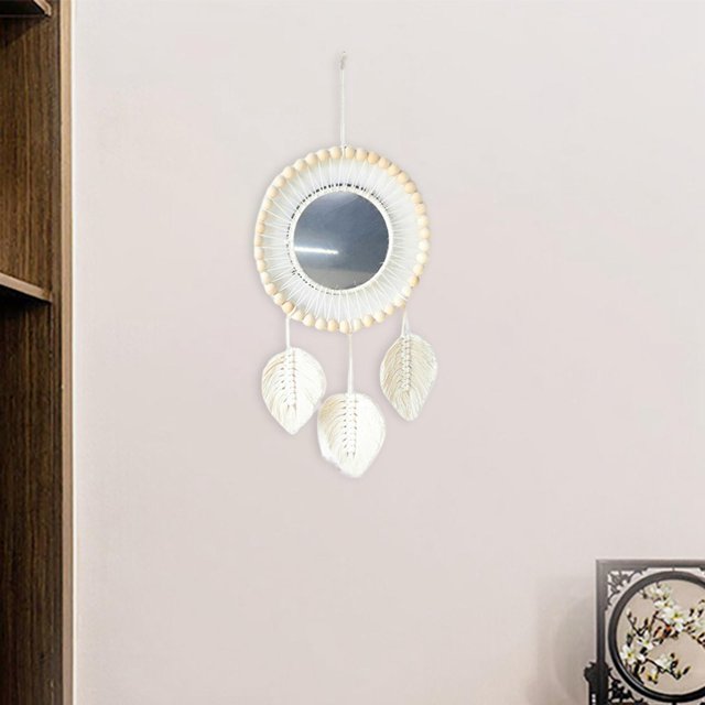 Boho Espejo Redondo de Madera Borla Decorativa Decoración Macrame Fringe Colgando Espejo de Pared para Bebé Guardería Sala de Estar Entradas 48cm Blanco perfecl Espejo de pared de macramé
