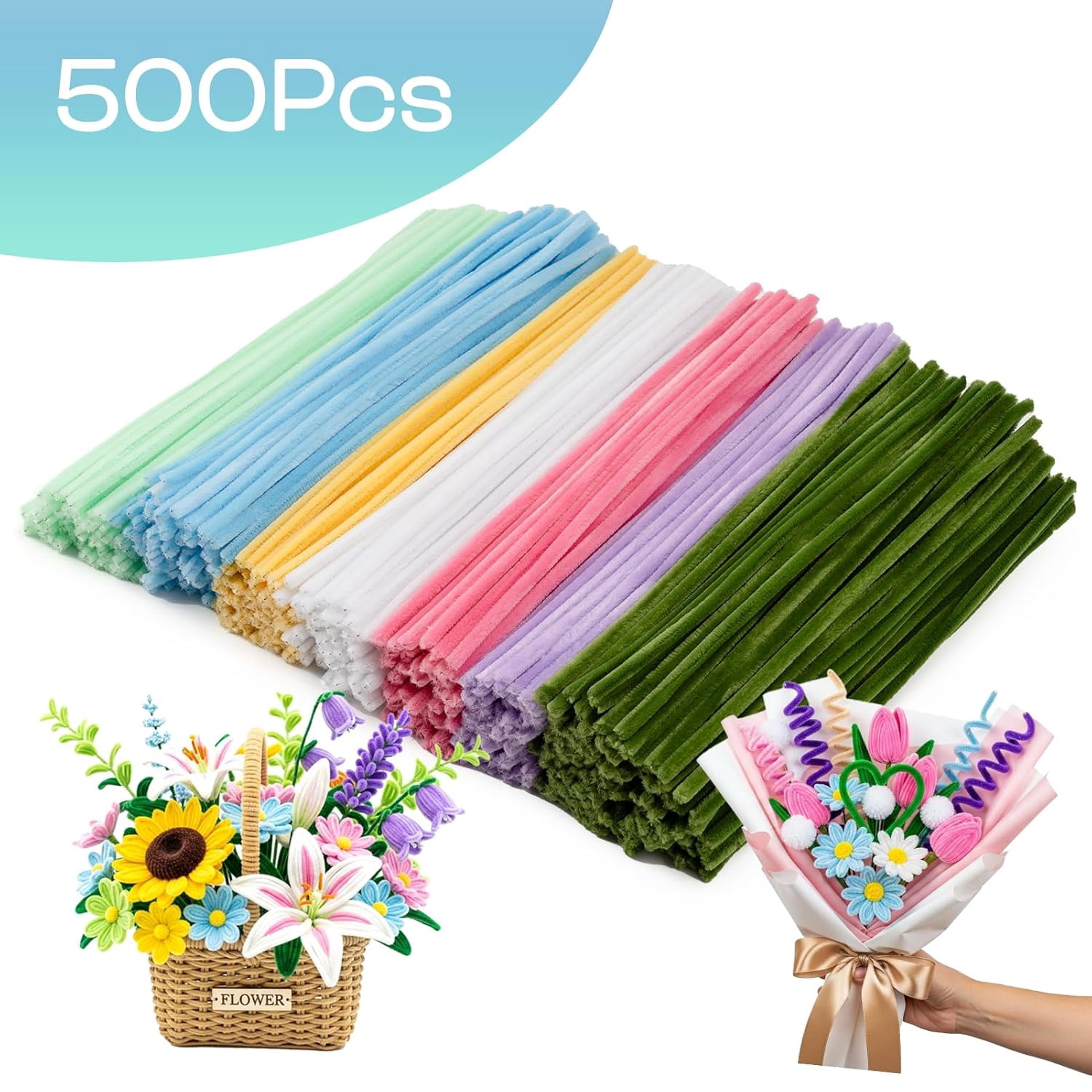 500 Pieces Pipe Cleaners Flower Kit, 7 Colors Chenille Stems Bulk for Flowers Making, Macaron Pastel Pipe Cleaner for Art Projects & Decorations