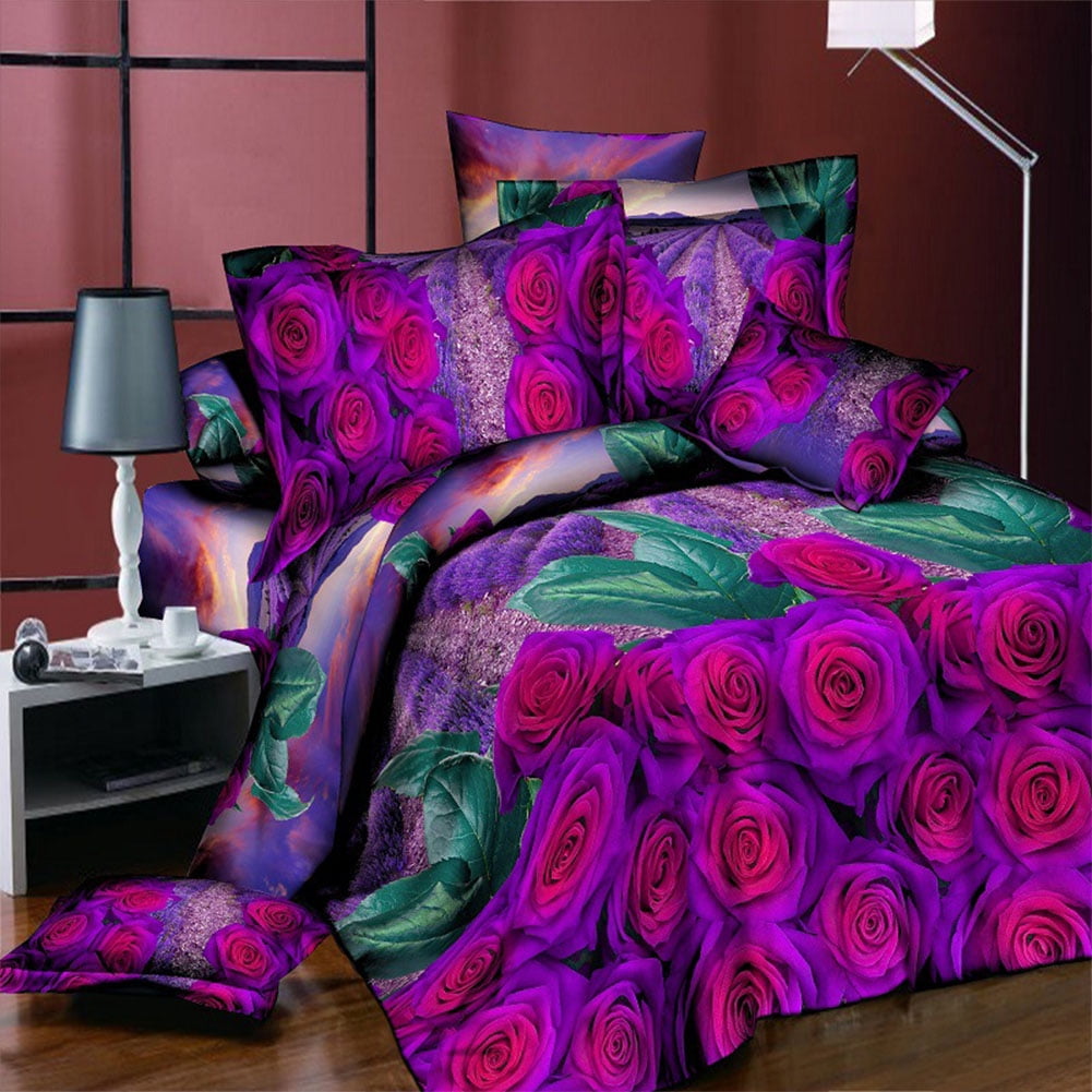 Ensemble De Literie 3D 4 Pièces – Housse De Couette, Drap Plat, Taies – Motif Fleur De Rose