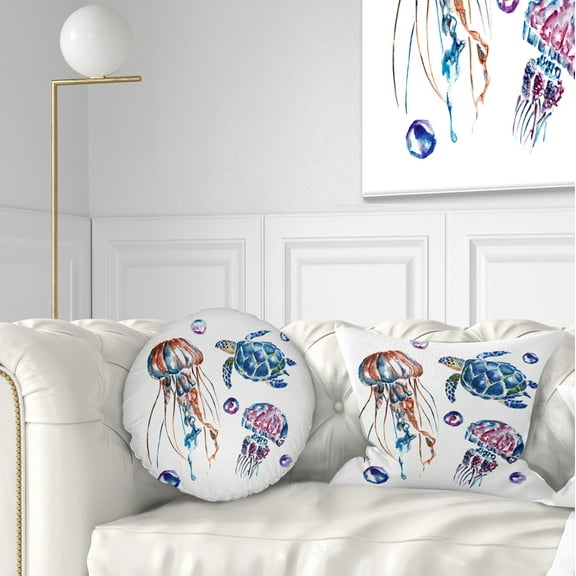 Designart Colorful Jellyfish and Turtles - Animal Throw Pillow - 12x20