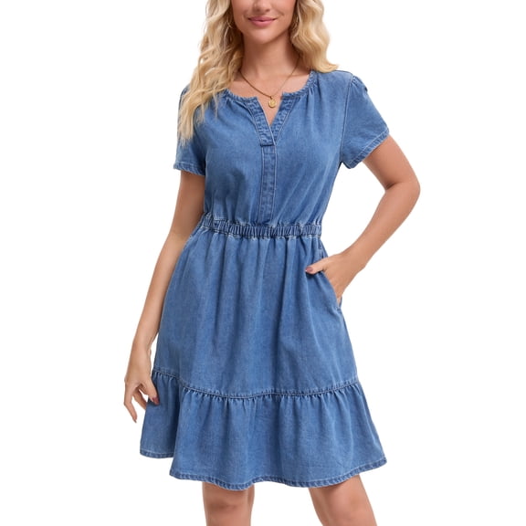 INSPIRE CHIC Women Denim Dress Casual Short Sleeve Elastic Waist A-Line Ruffle Hem Jean Dresses with Pockets S Blue