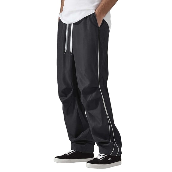 Mens Windbreaker Cargo Pants Summer Retro Loose Straight Leg Track Trousers Sports Casual Running Pants Black