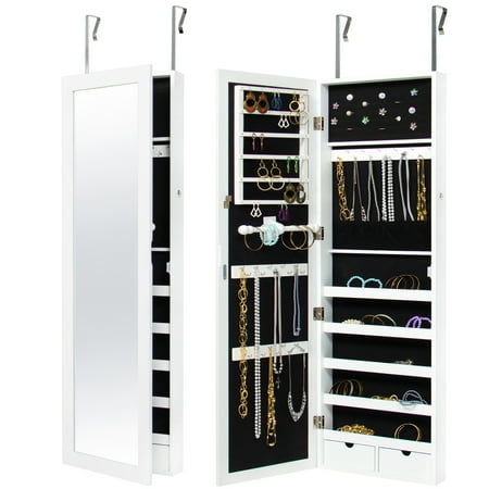 Floor Mirror Cabinet - Best Choice Products Mirrored Hanging Jewelry Cabinet Armoire Organizer Over Door Wall Mount W/ Keys- White