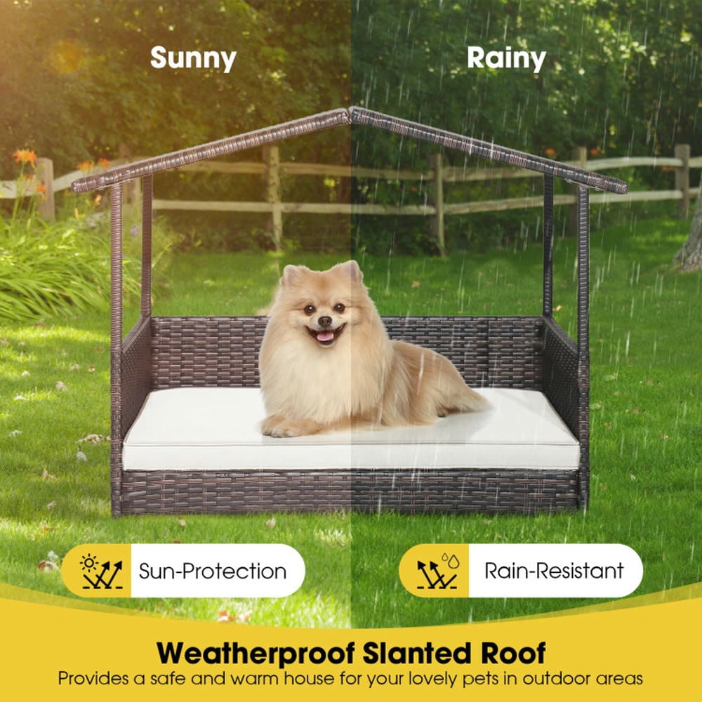Barara King Dog Crate, Pet Crate, Pet Kennel, Outdoor Wicker Dog House with Weatherproof Roof-White