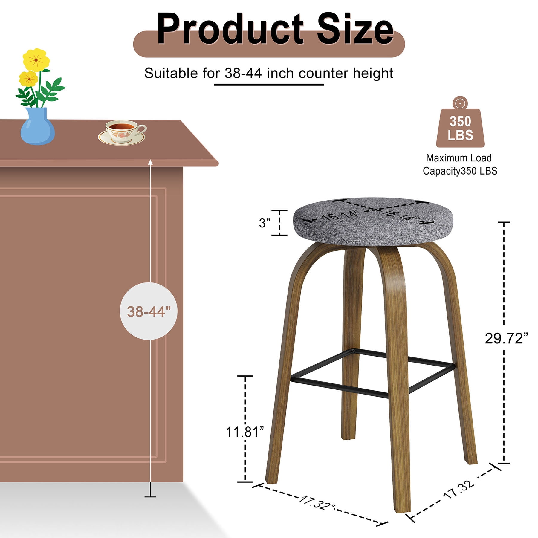 S-HOME Swivel Bar Stools Set Of 2,  Fabric Upholstered 30 Inch Height, Ideal For Restaurants And Home Use，Gray
