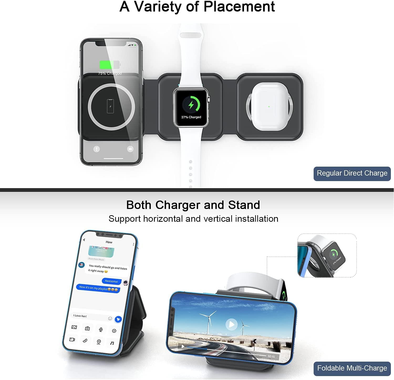 UCOMX Nano 3 in 1 Wireless Charger for iPhone,Magnetic Foldable 3 in 1 Charging Station,Travel Charger for Multple Devices for iPhone 15/14/13/12 Series,AirPods Pro,iWatch(Adapter Included)