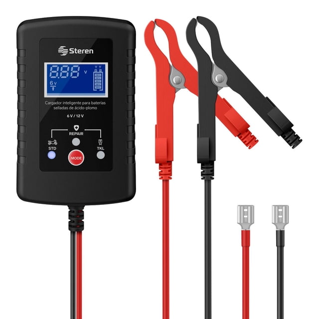 STEREN Cargador inteligente para baterías selladas de ácido plomo 6 Vcc / 12 Vcc, con caimanes y ter