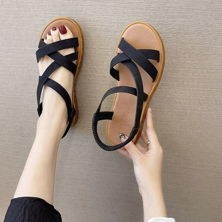 

uikmnh Women Shoes Shoes Summer Fashion Rome Style Sandals Soft Sole Elastic Band Casual Open Toe Sandals Black 6.5
