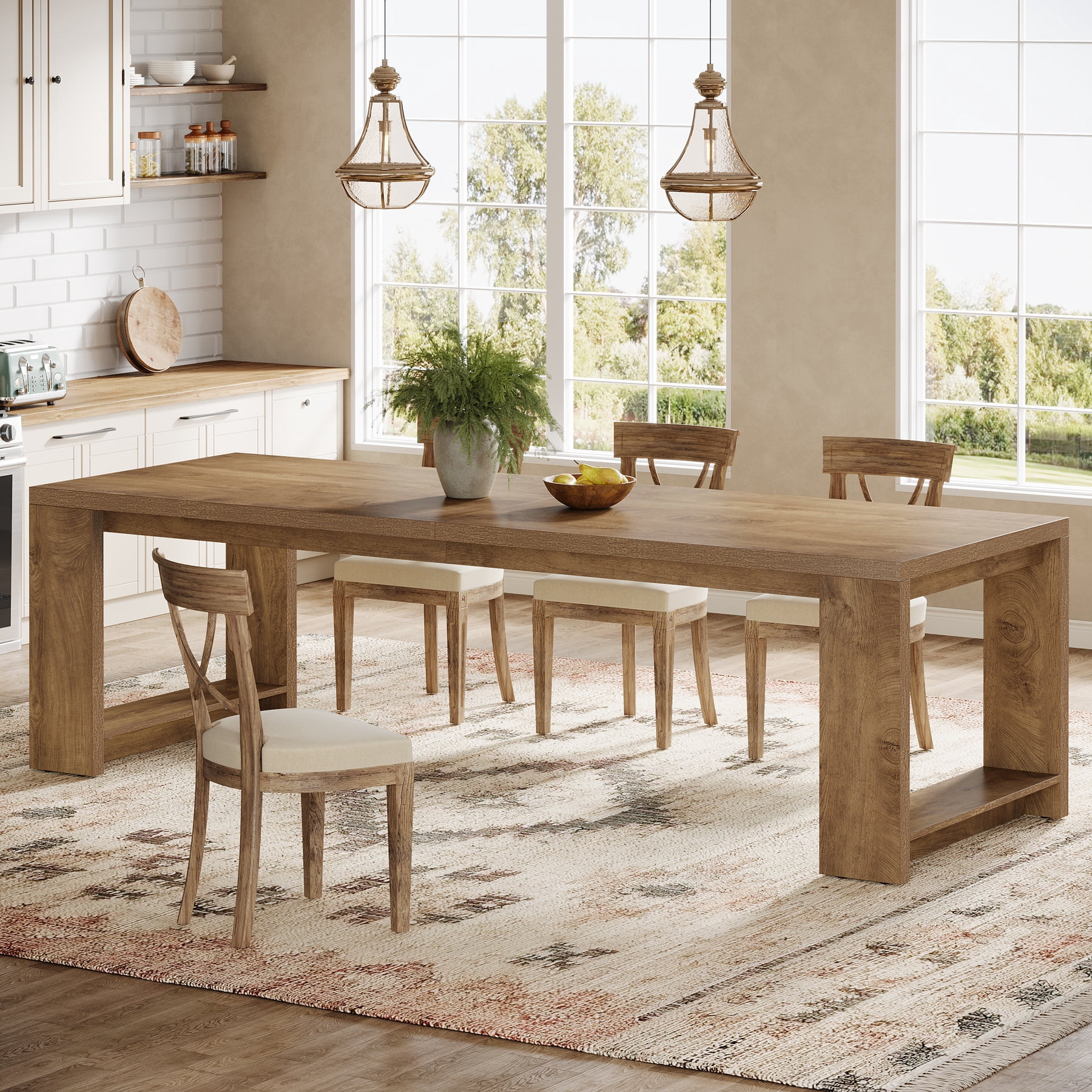 Tribesigns 86.61-inch Dining Table for 6-8, Farmhouse Narrow Kitchen Table with Wood Pedestal Base, Light Brown