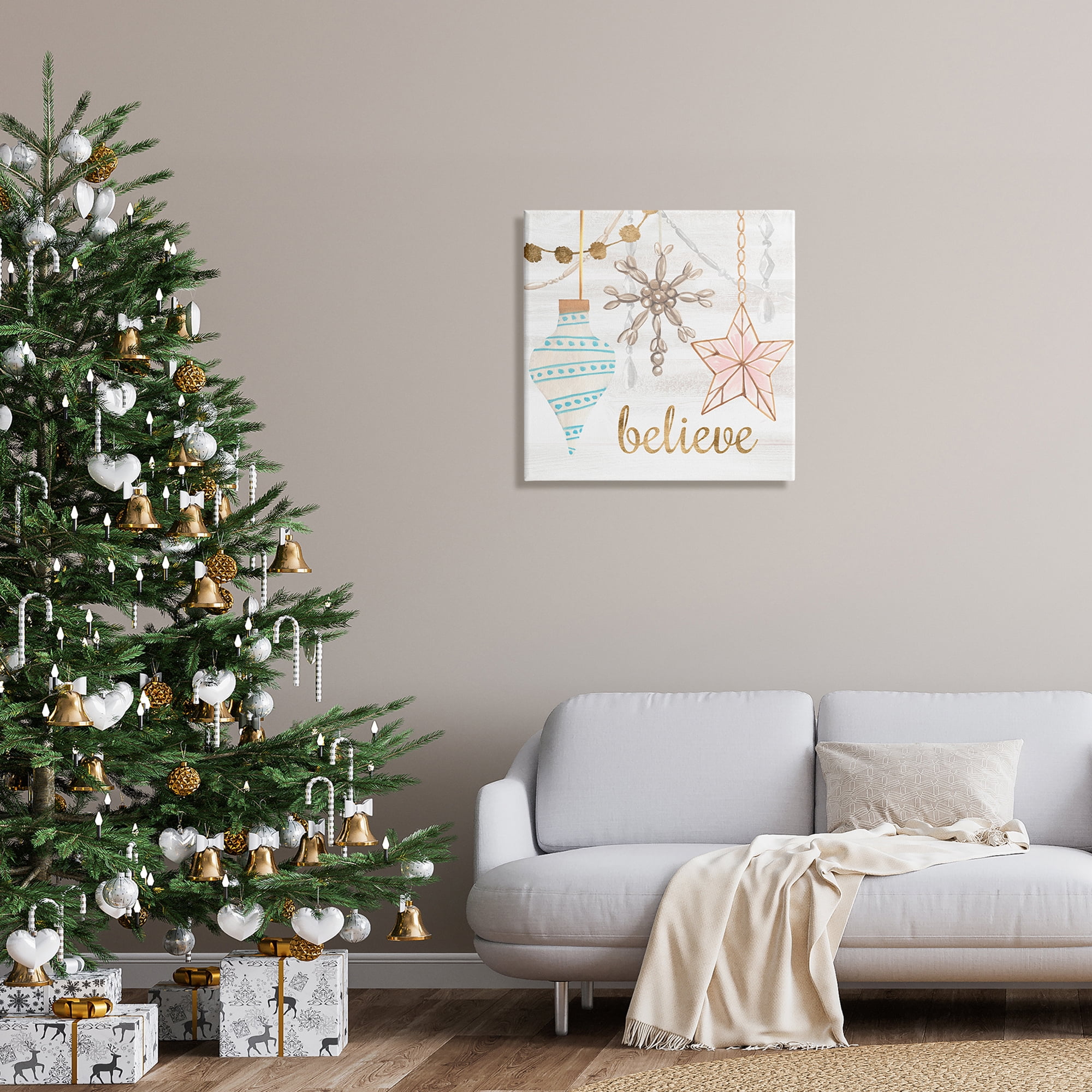 Glimmering Believe Text Holiday Ornaments Star Snowflake Inspirational Graphic Art Gallery-Wrapped Canvas Print Wall Art