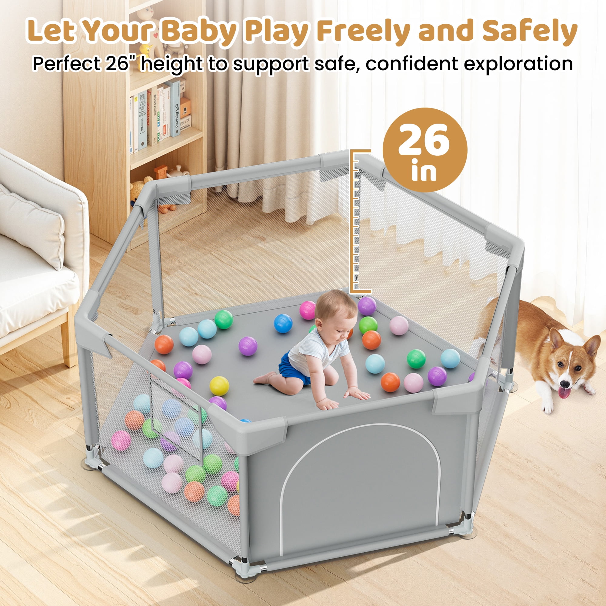 babyeap 50 Inch Baby Playpen,Fence Baby Play Yard for Indoors Outdoors,Hexagonal Toddler Playpen,Light Gray