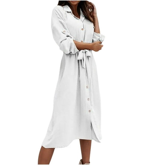 Lolmot Womens Summer Fashion Sexy Turndown Collar Long Sleeves Solid Color Button Belt Casual Dress