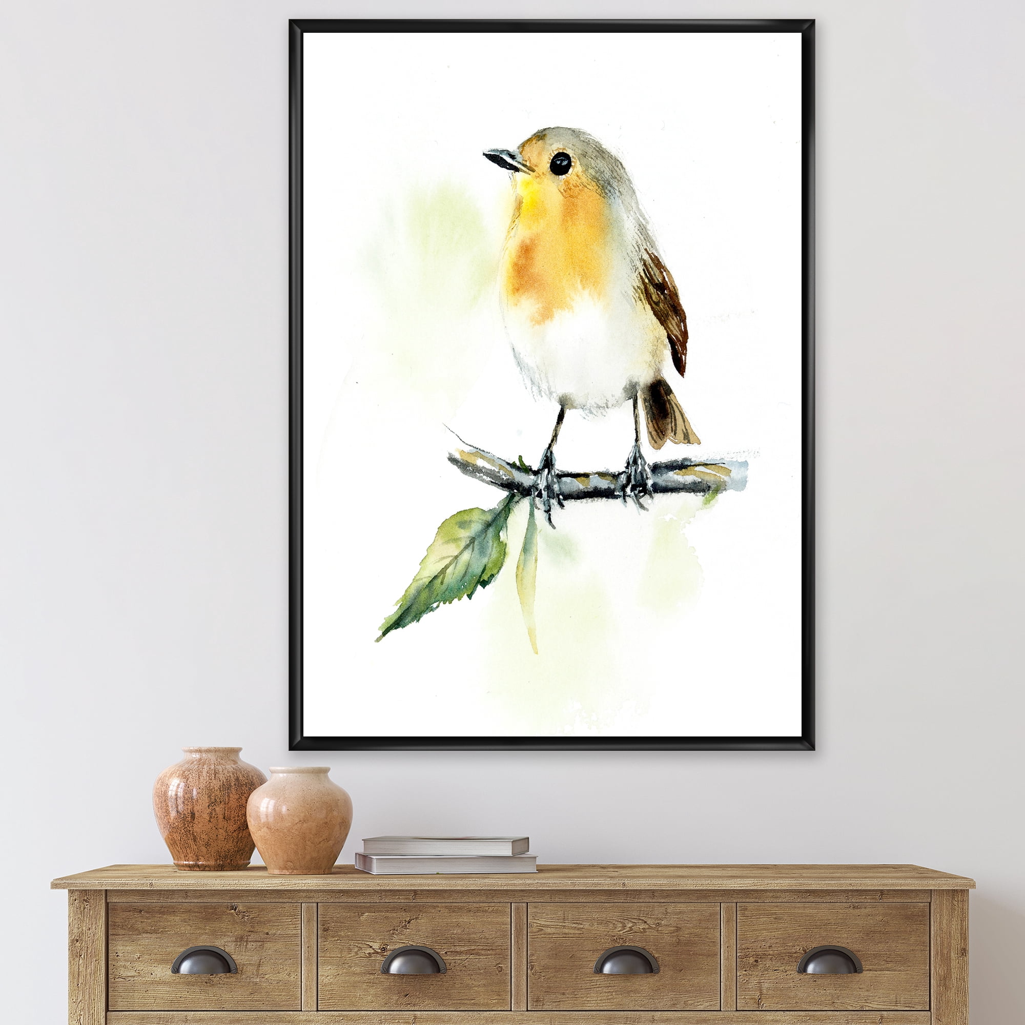 Designart 'Little Robin Bird Sitting On A Branch' Traditional Framed Canvas Wall Art Print