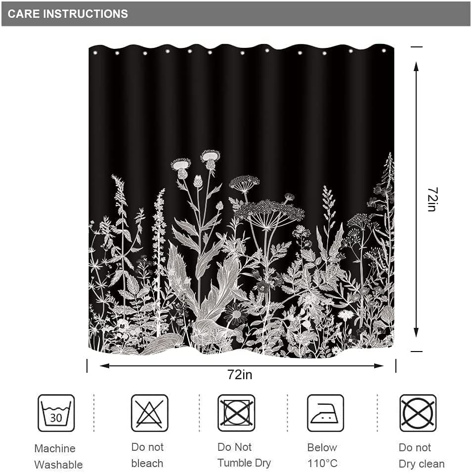 Wild Floral Wildflower Shower Curtain Botanical Herbs Black Plant Nature Blossom Flower Leaf Sketch Waterproof Fabric 72Wx72H Inch Polyester Bathroom Bathtub Decoration 12 Pack Plastic Hooks