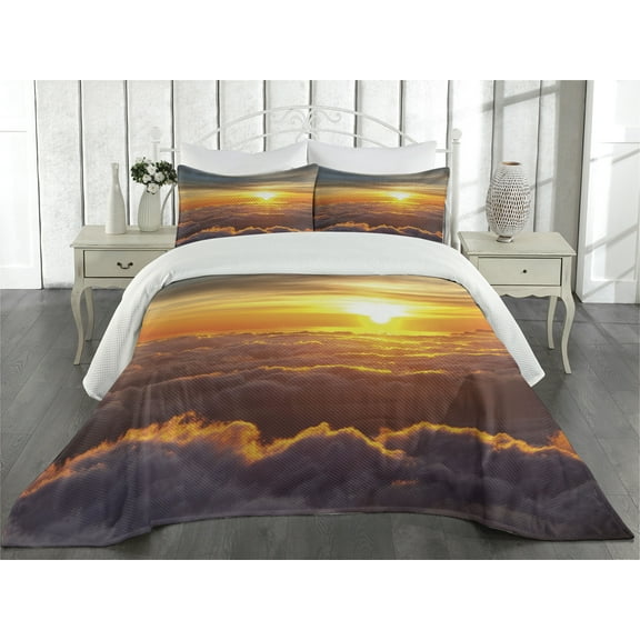 Ambesonne Nature Quilted Coverlet 3 Pcs, Sunset Scene on Clouds, King Size, Orange