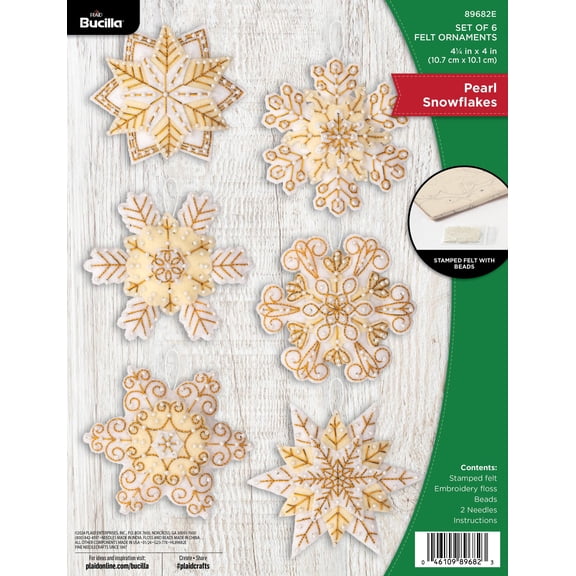 Bucilla Pearl Snowflake 6 Count Felt Applique Ornament Kit, 4.25 x 4 in