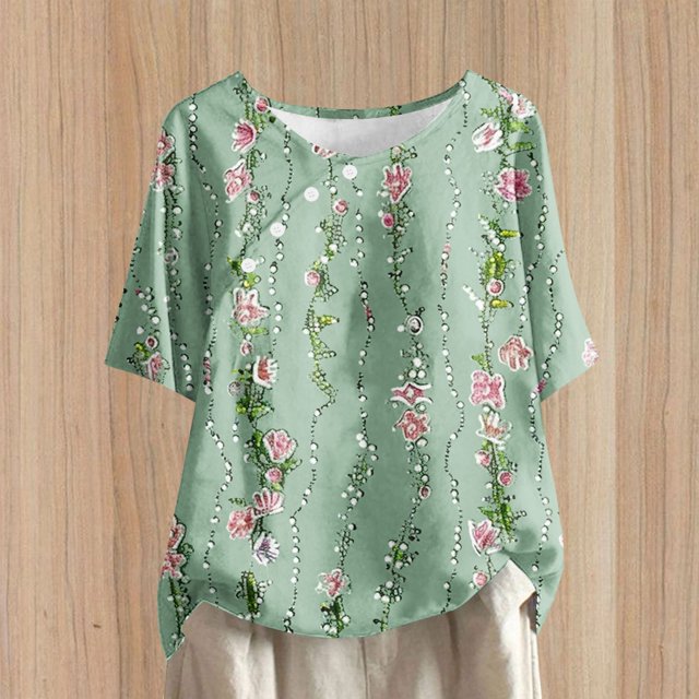 Fiudx Liquidación de Ahorros de Verano Top de Manga Corta con Cuello Redondo y Botones de Lino con Estampado Informal para Mujer