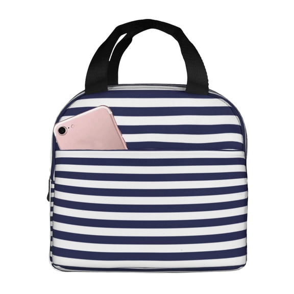 Kuqiui Navy Blue And White Stripes Print Lunch Bag Lunch Box for Women & Men,Large Capacity Insulated Lunch Bag for Adult,Leakproof Reusable Lunch Tote Bags for Work/Office/Travel/Picnic
