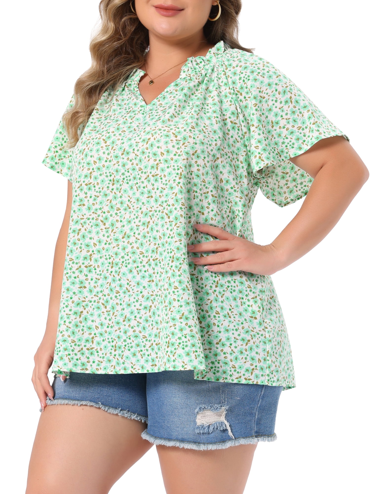 DARING DIVA Women's Plus Short Sleeve Ruffle Notch V Neck Blouse 2X Green