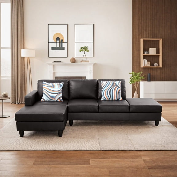 Hommoo L-Shaped Sectional Couch, Faux Leather Living Room Furniture Set for Apartment/Upstairs Loft/Living Room, Black(No Ottoman)