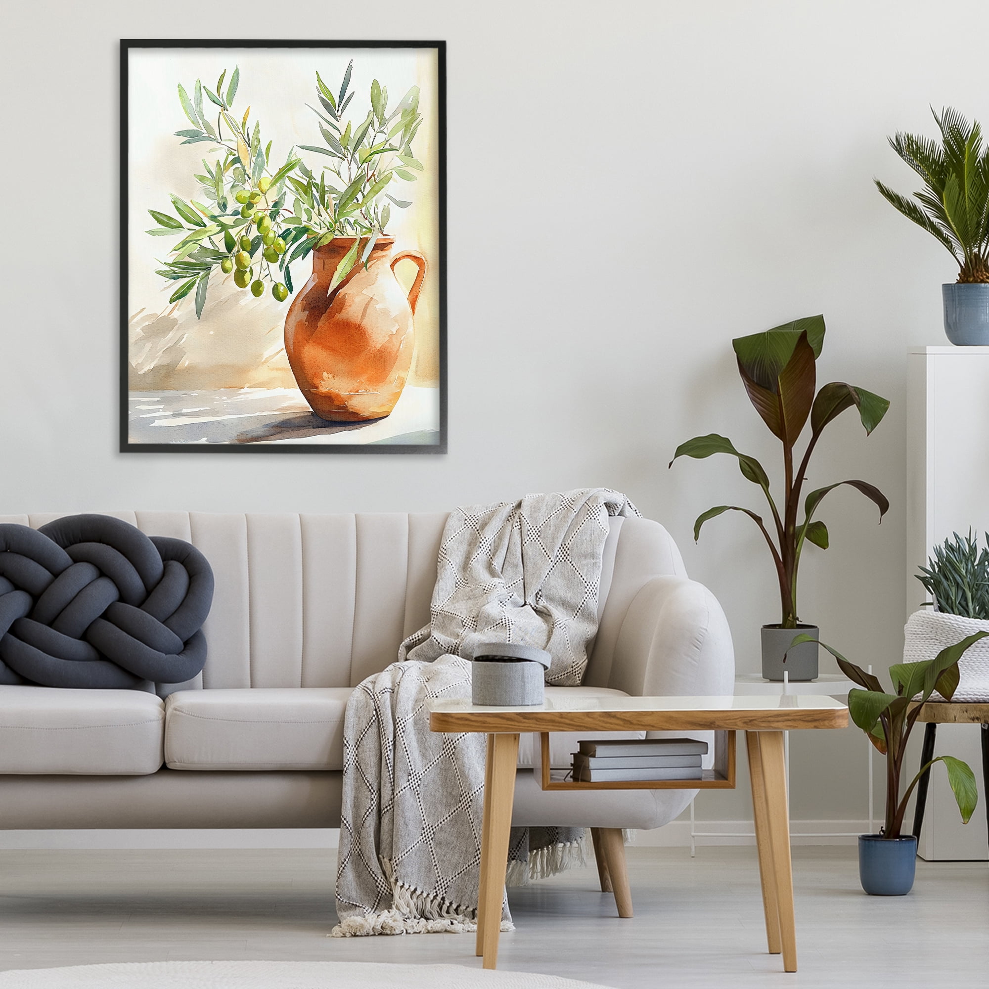 Stupell Industries Olive Branch in Terracotta Vase Black Framed Giclee Art, design by LSR Design Studio