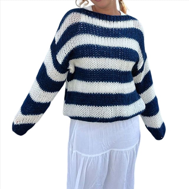 Suéter de Rayas de Gran Tamaño para Mujer, Sudadera de Punto con Bloques de Color, Larga, Suéter Holgado, Jersey Preppy Y2K. Azul L