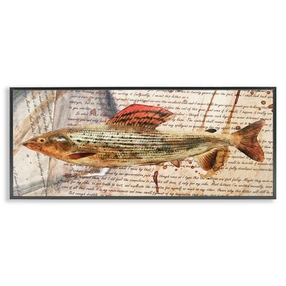 Stupell Industries Fish with Vintage Text Animals & Insects Painting Black Framed Art Print Wall Art, 24 x 10