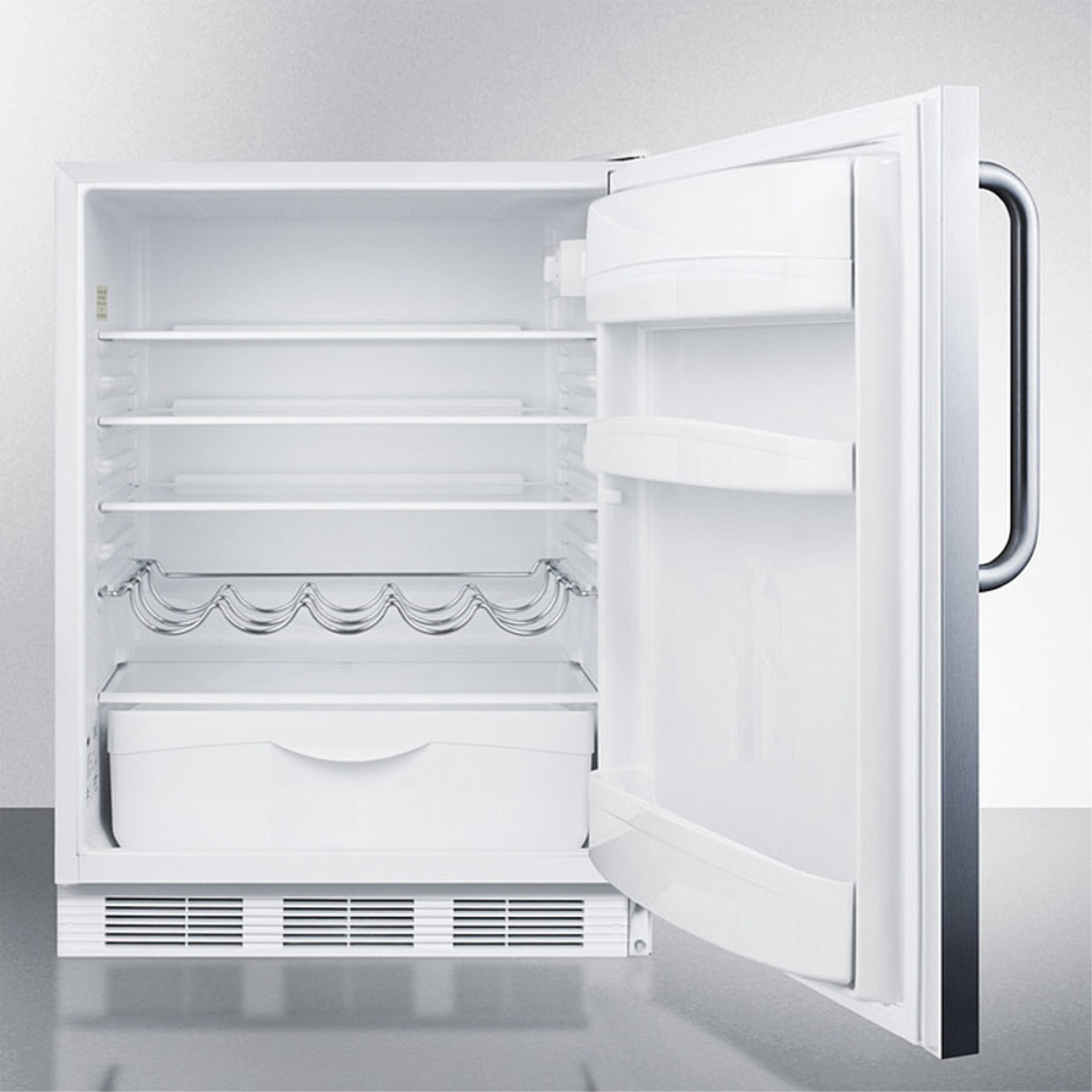 ADA compliant freestanding refrigerator-freezer for residential use, cycle defrost with deluxe interior, SS wrapped door, thin handle, and white cabinet