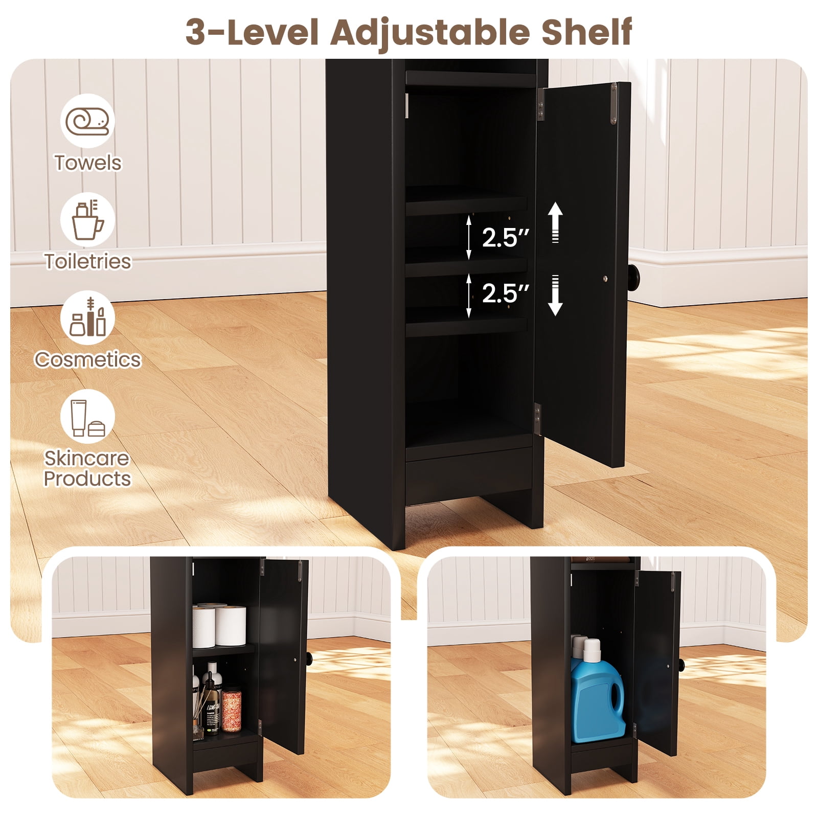 Giantex Slim Corner Bathroom Cabinet, Narrow Floor Cabinet w/ 3-Level Adjustable Shelf, Freestanding Storage Organizer, Black