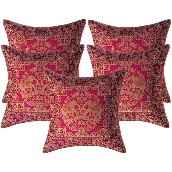 Stylo Culture Indian Zippered Brocade Magenta And Gold Throw Pillow Covers 16x16 Jacquard Weave Banarasi Home Decor Pillow Covers Elephant Floral 40x40 cm Decorative Cushion Covers (Set Of 5)