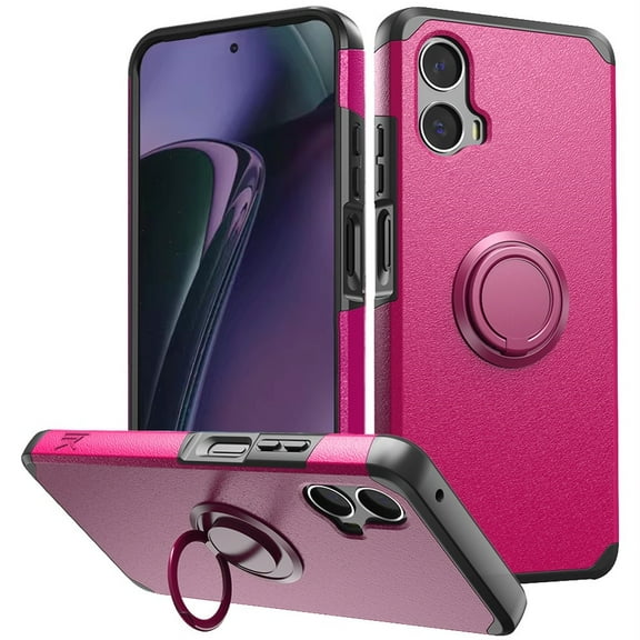 For Motorola Moto G Stylus 5G 2024 Tough Hybrid With Ring Stand + Tempered Glass - Hot Pink