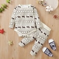 thumbnail image 2 of Weebloom Christmas Baby Girl Outfit Boys Girls Long Sleeve Xmas Cartoon Deer Printed Romper Tops Long Pants Outfits Clothes Sets Beige 0-3 Months, 2 of 7