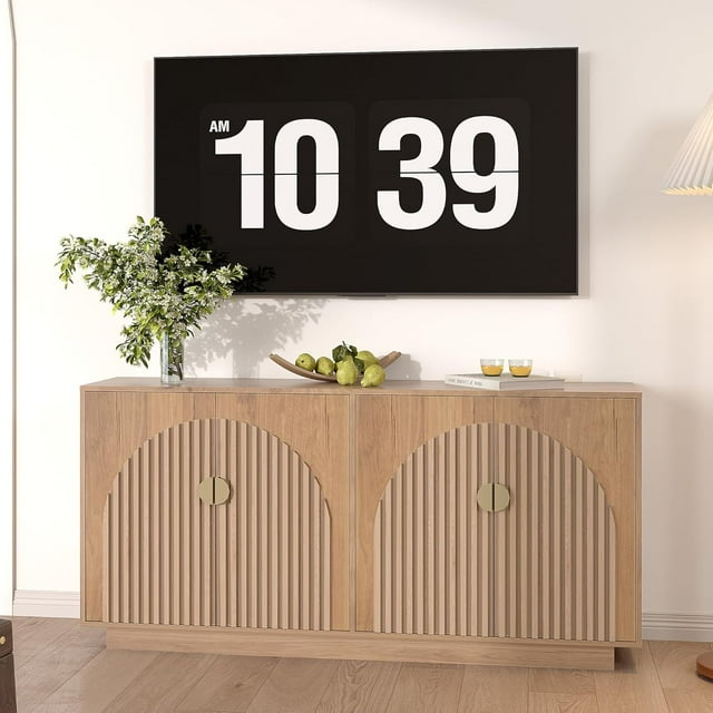 63" Modern Farmhouse Sideboard Buffet Cabinet with Storage and Fluted Doors Storage Sideboard for Dining Room, Coffee Bar & Wine Bar Console Table for Living Room, Kitchen