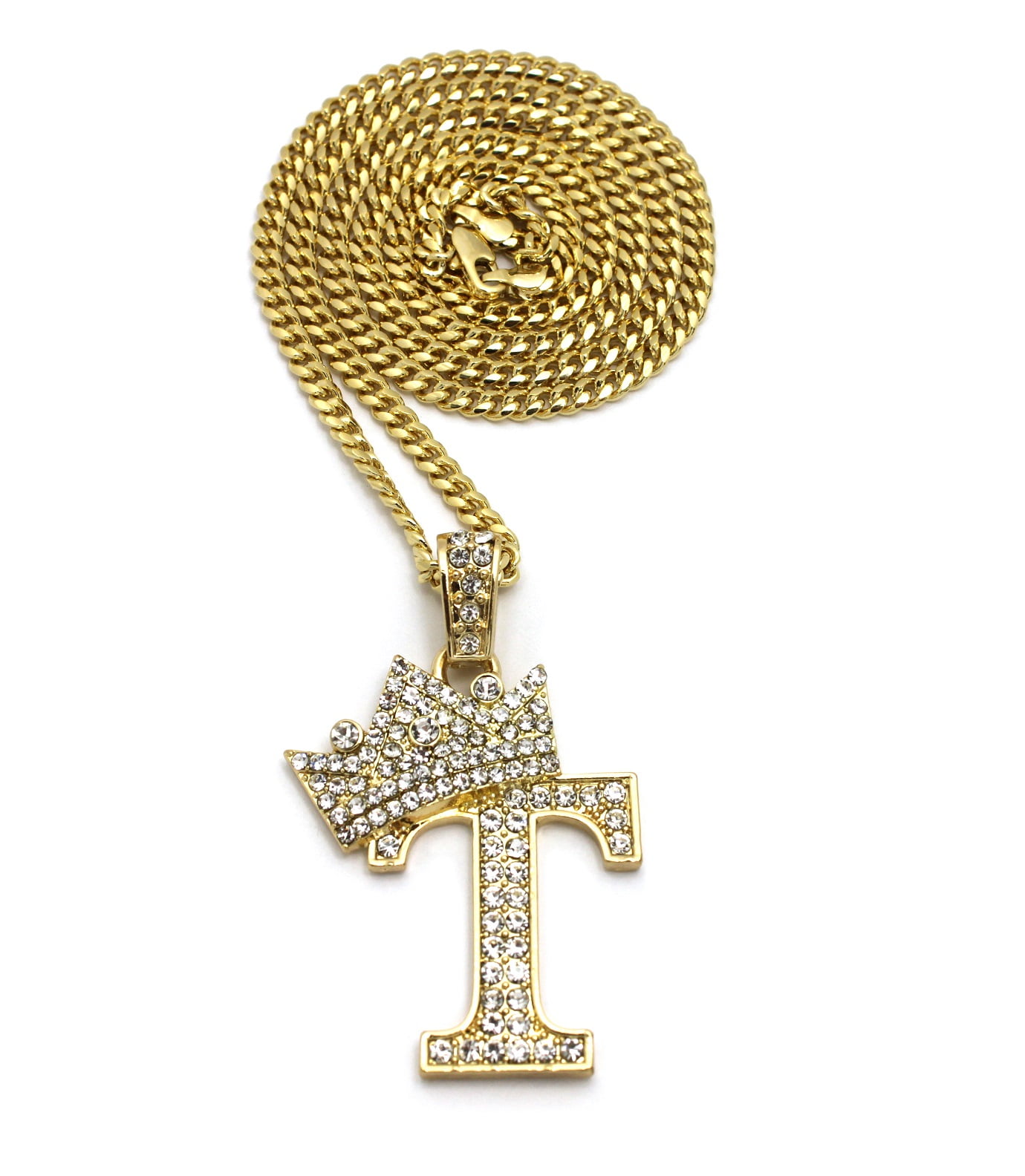 Stone Stud Allover Tilted Crown Initial D Pendant w/ 3mm 24