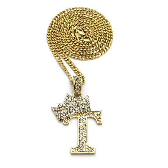 Stone Stud Allover Tilted Crown Initial T Pendant w/ 3mm 24" Cuban Chain Necklace, Gold-Tone